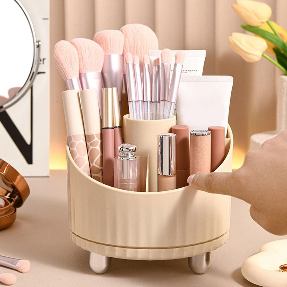 Beige Spinning Makeup Brush Holder Large Capacity Makeup Brush Storage Box for Home
