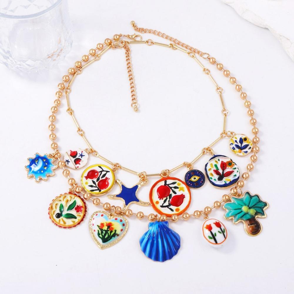 Layered Flower Pendant Necklace Gold Bohemian Collarbone Chain Simple Beads Clavicle Chain  Girls Style 2