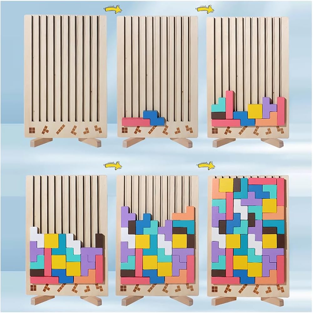 Wooden Tetris Puzzle Toy Game 3D Montessori Building Blocks Educational Puzzle Brain Training Tim...