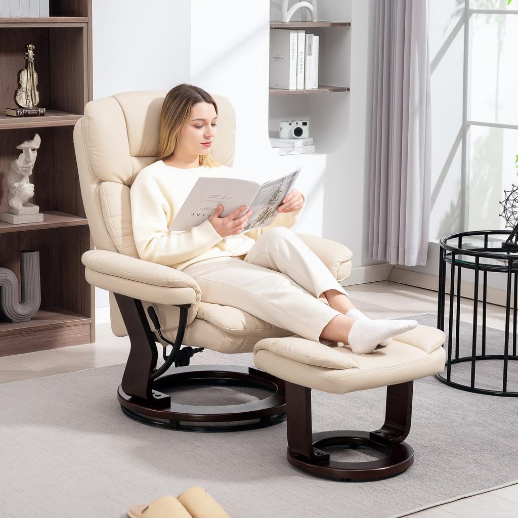 Recliner Chair with Footstool, Adjustable Chair, Faux Leather Cover, Upholstered Chair with Foldable Backrest, Cream White
