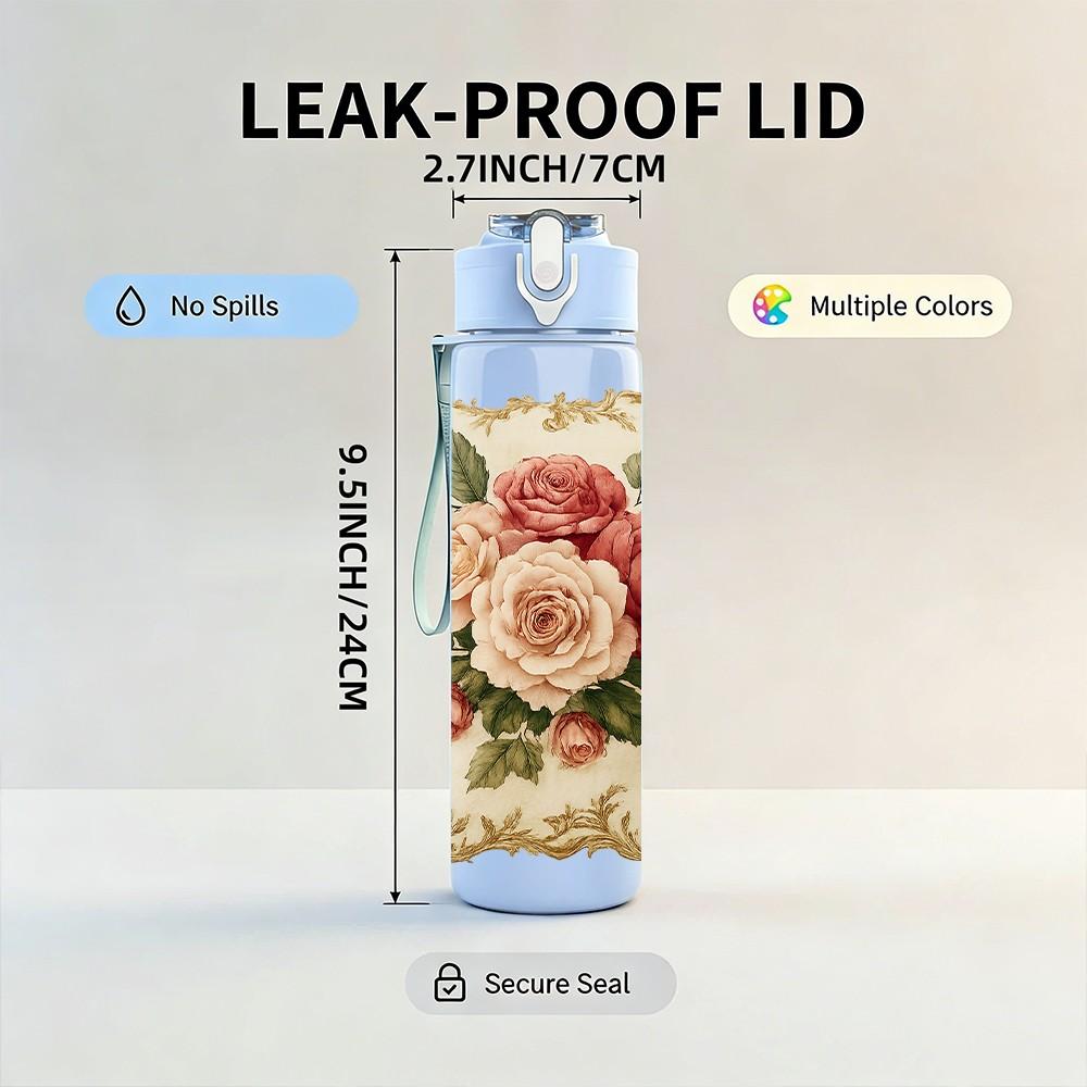 1PC Vintage Rose Floral Pillow 750ml Color Plastic Sports Water Bottle Leakproof Flip Straw Lid Suitable for Sports Office Home Use
