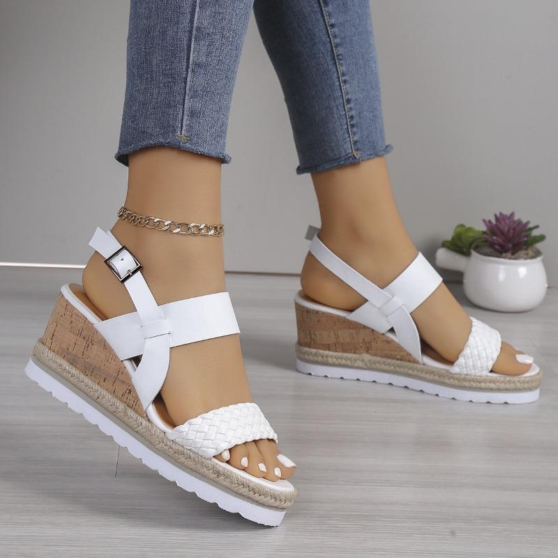 Large size one-word with wedge heel sandals women's buckle thick-soled woven lightweight beach cool slippers