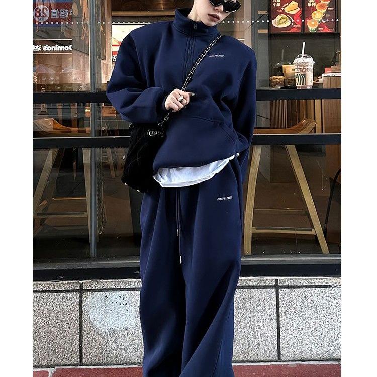 European Style Women's Thickened Stand-up Collar Sweatshirt Set - Fashionable Autumn/Winter Pure Cotton Casual Sportswear Two-Piece