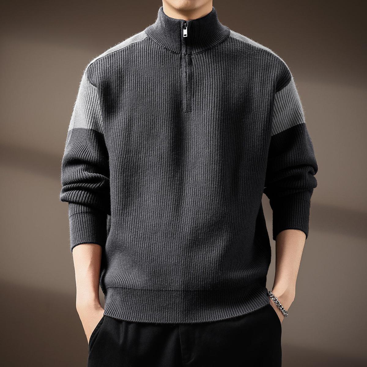 

Men s High-End Color Block Half-Zip Stand Collar Sweater; 2025 Autumn/Winter Loose Knit Heavyweight Cardigan. M (100-120 lbs) темно-сірий