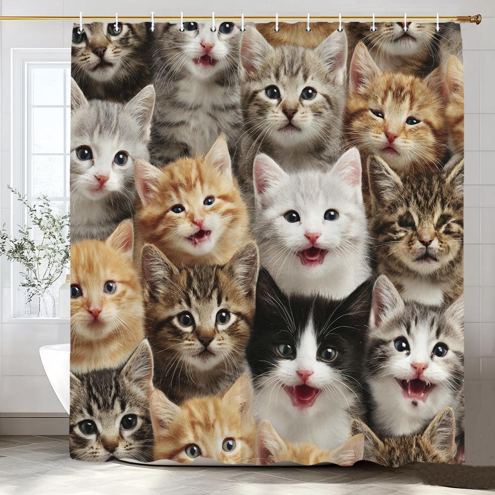 Funny Cat Shower Curtain Cat Riding Shark Dinosaur Flower Floral Polyester Bathtub Curtain Space Planet Bathroom Decor with Hook