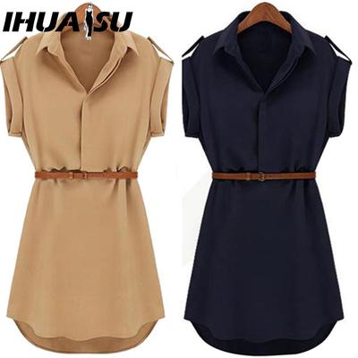 Moda Feminina Casual Verão Solto Manga Curta Vestido com Cinto