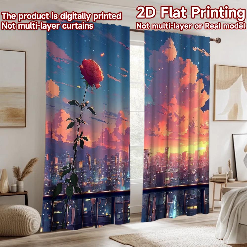 2D flat printing 2pcs Window Drapes Anime Rose City Sunset Digital Printed Polyester Drapes Holiday Decorations Perfect for