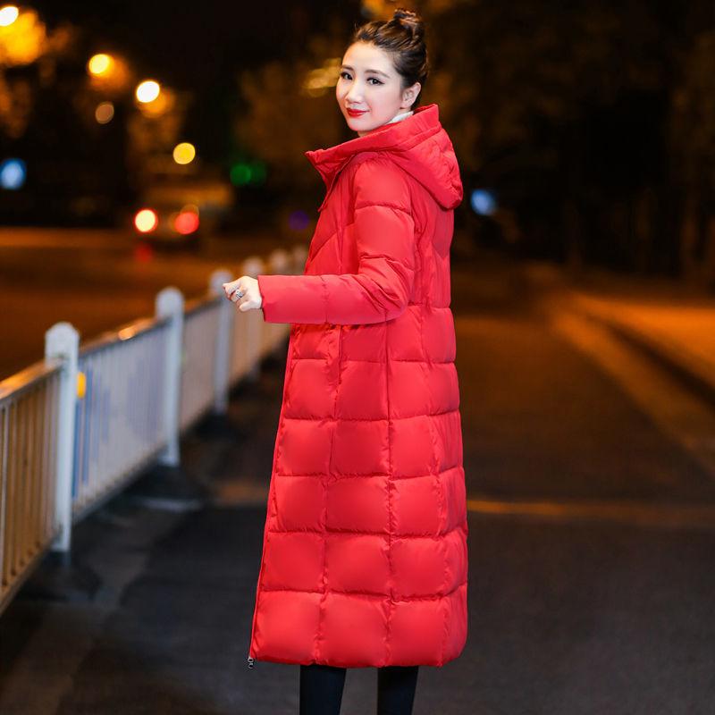 

Утепленная пуховая хлопковая куртка женская длинная тонкая до колена корейская версия хлопкового пальто с капюшоном зимняя хлопковая куртка женская XXXL красный
