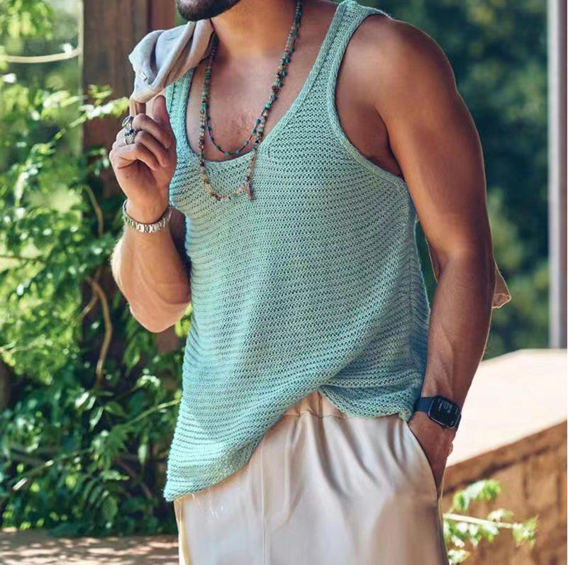 2023 Men Summer Tank Top Knitted Solid Color Sleeveless Vest Tops Gym Fitness Workout Clothes Fashion Crew Neck T Shirt Undershirts