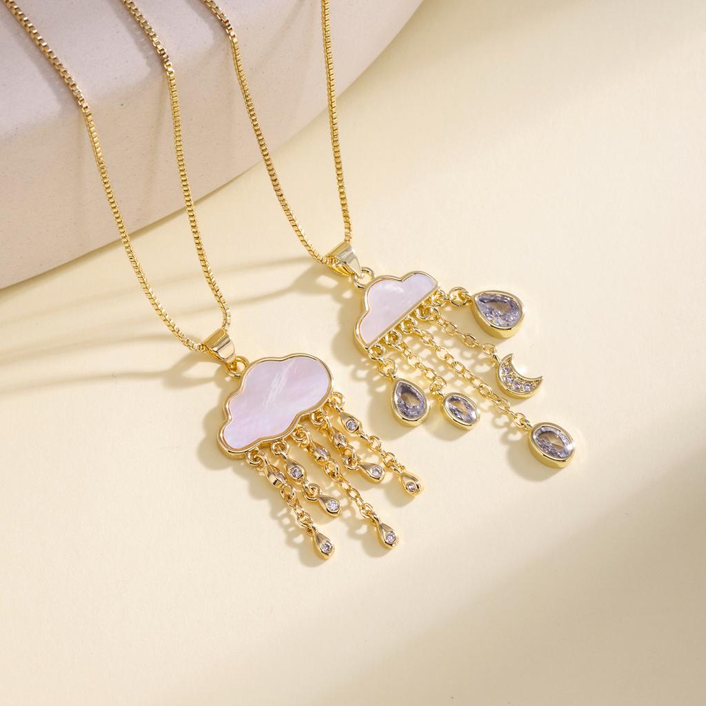QIKU Women Gold Cloud Raindrop Pendant Necklace Mother of Pearl CZ Inlay Dainty Chain Jewelry for Daily Wear and Gift