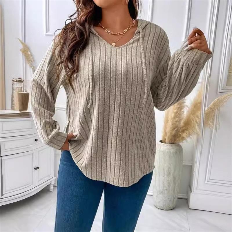 Pullover Women's Solid Color Large Size Comfortable Blouse V-neck Hooded Long-sleeved Pit Strip Brushed T-shirt Loose And Casual