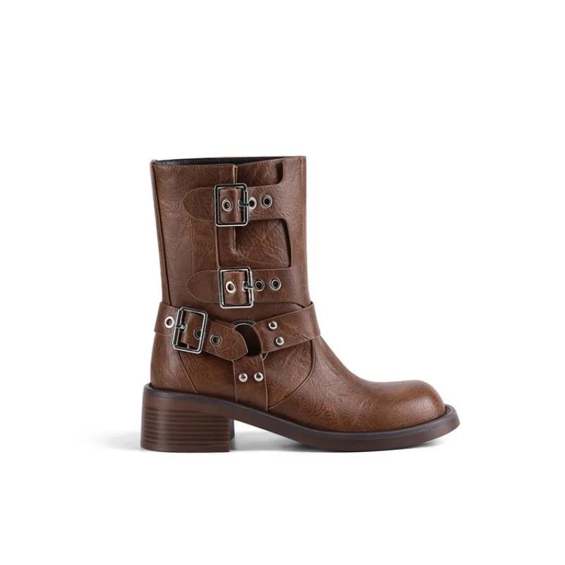 Fashion New Rivet Belt Buckle Black Brown Knee High Boots Autumn Winter Roundhead Punk Style Chelsea Women's Motorcycle Boots Size 36-43