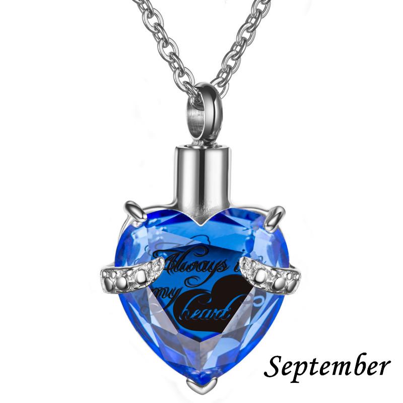 Always In My Heart Stainless Steel Birthstone Heart -Shaped Glass Clavicle Chain Perfume Bottle Keepsake Necklace Jewelry