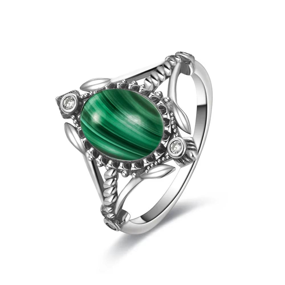 Vintage S925 Silver Ring Oval Round Natural Malachite Ring Sun And Flower Shaped Retro Fine Jewelry For Women Men