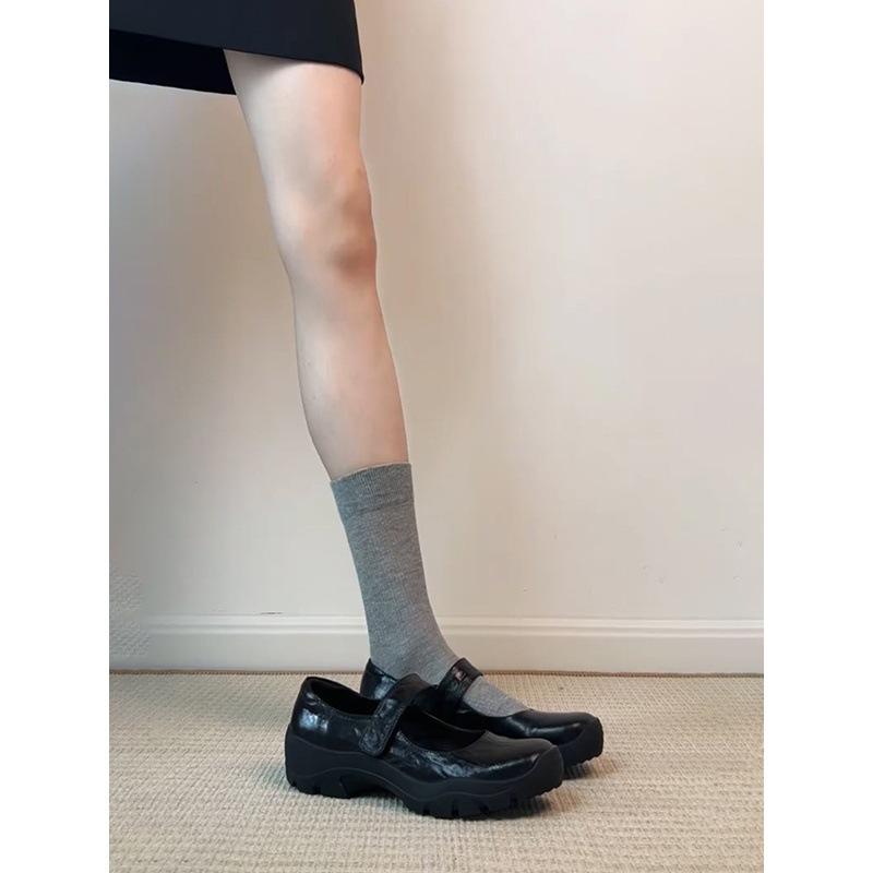 Washed cowhide~ Genuine leather retro thick sole heightening 4cm Velcro shallow mouth single shoes women's Mary Jane shoes small leather shoes