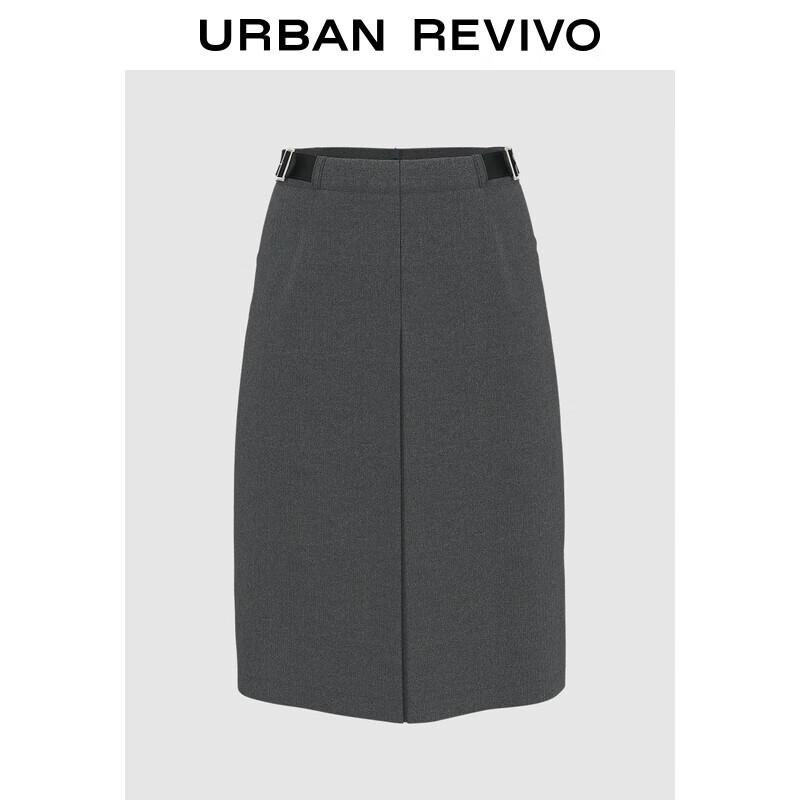 UR 2025 Autumn Sophisticated Grey Metal Buckle Mid-Length Skirt M