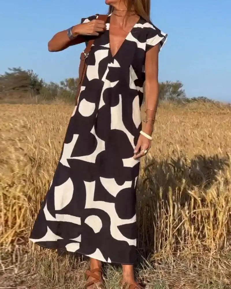 Eleganter Damenstil V-Ausschnitt Lockeres Kleid Sommermode Vielseitige Lange Kleider
