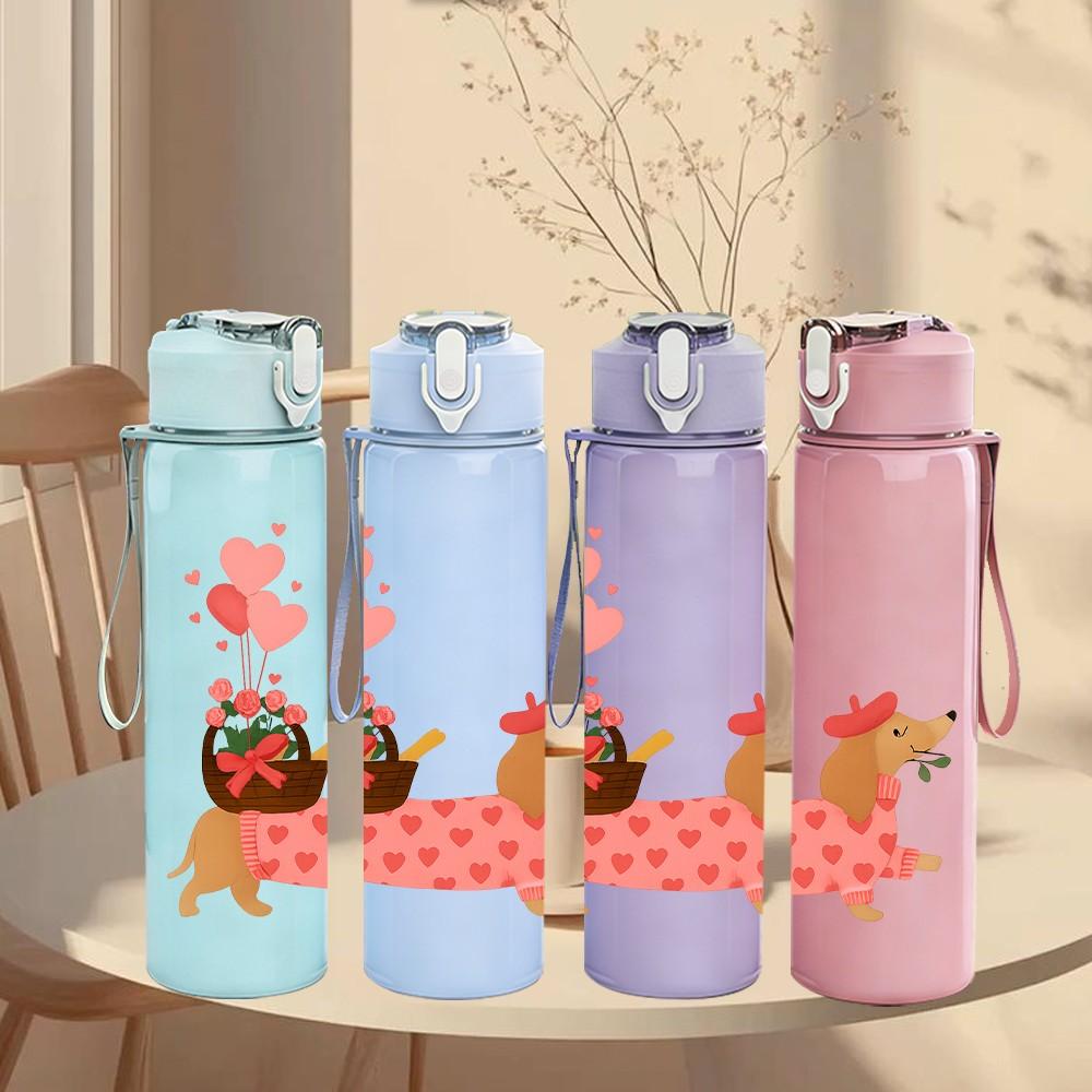 1PC Floral Dachshund Puppy 750ml Color Plastic Sports Water Bottle Leakproof Flip Straw Lid Suitable for Sports Office Home Use