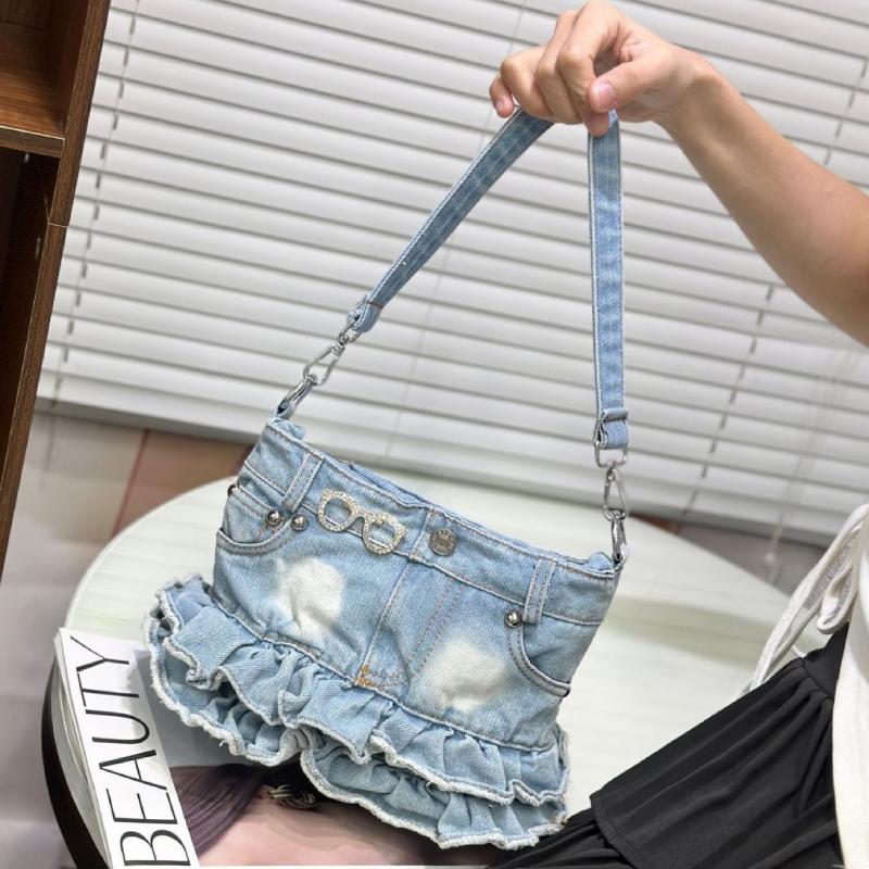 Denim Canvas Crossbody Shoulder Bag,Ruffled Edge Skirt Style Women Sling Bag,Blue Trendy All-Match Handbag,Commuter Chic Purse