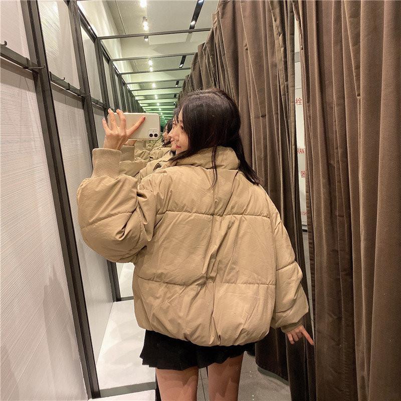 Automne Hiver Femmes Doublure En Coton Court Parka Veste Manteau avec Col Montant Couleur Unie Style Preppy Épais Poches À Fermeture Éclair Oversize XS-L