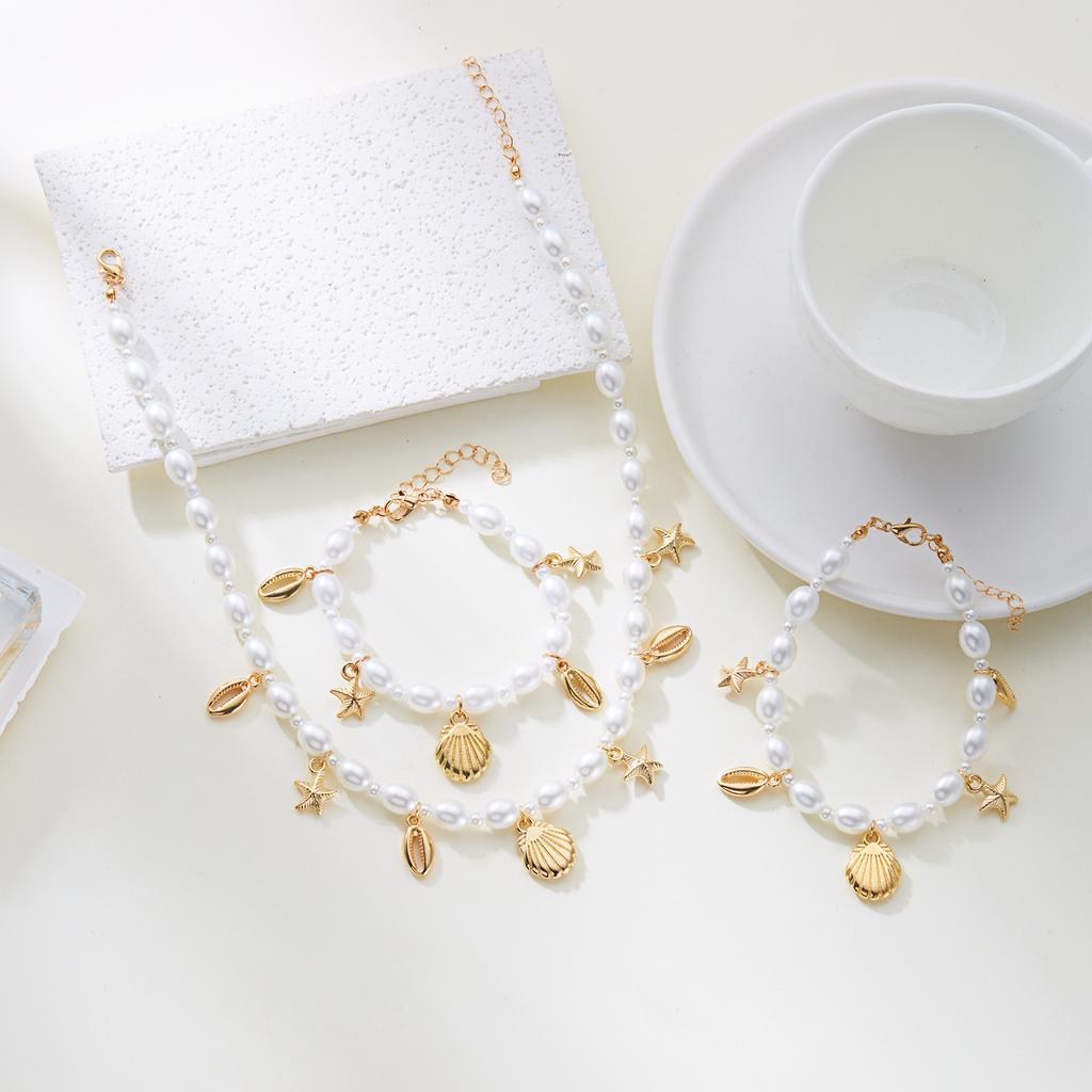 Summer new starfish shell conch pearl necklace bracelet women's seaside vacation style anklet
