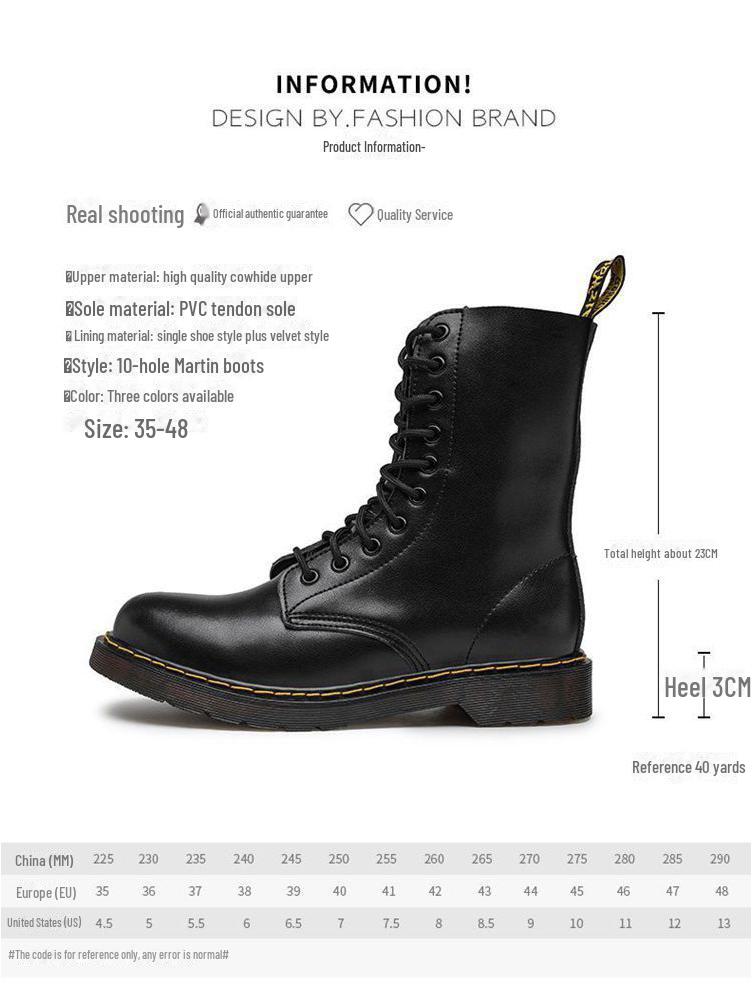 1490 British Style 10-Hole Large-Size Couple's Leather Short Boots, Round-Toed Motorcycle Shoes for Men and Women.