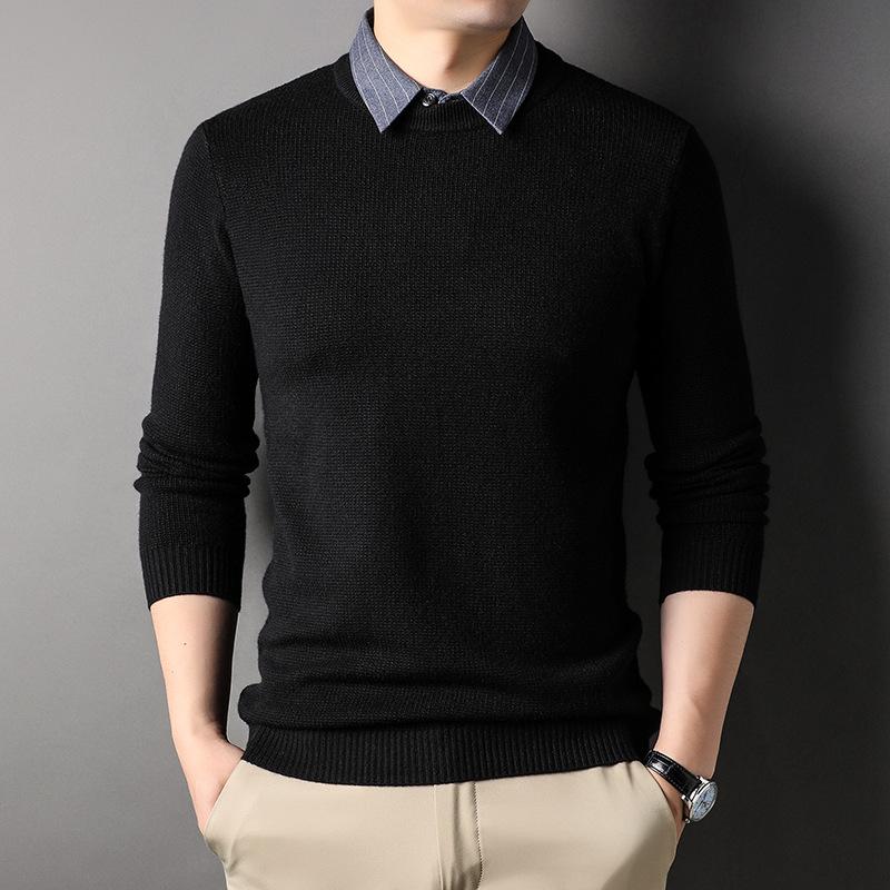 

Новый мужской ложный трикотаж из двух предметов, модный однотонный вязаный свитер с лацканами в деловом стиле, топ с рубашкой и воротником для молодежи и среднего возраста 3XL