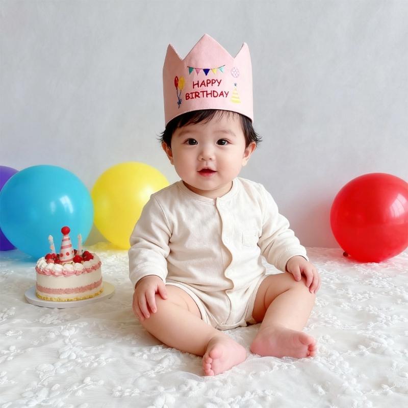 Handmade Birthday Crowned Hat For Baby First Birthday Party Photography Soft Cloth Embroidered Keepsake Accessory