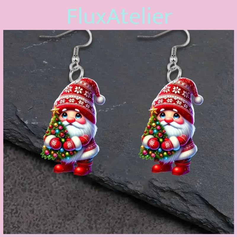 Santa Themed Christmas Claus Holding Tree Pattern Women Earrings Acrylic