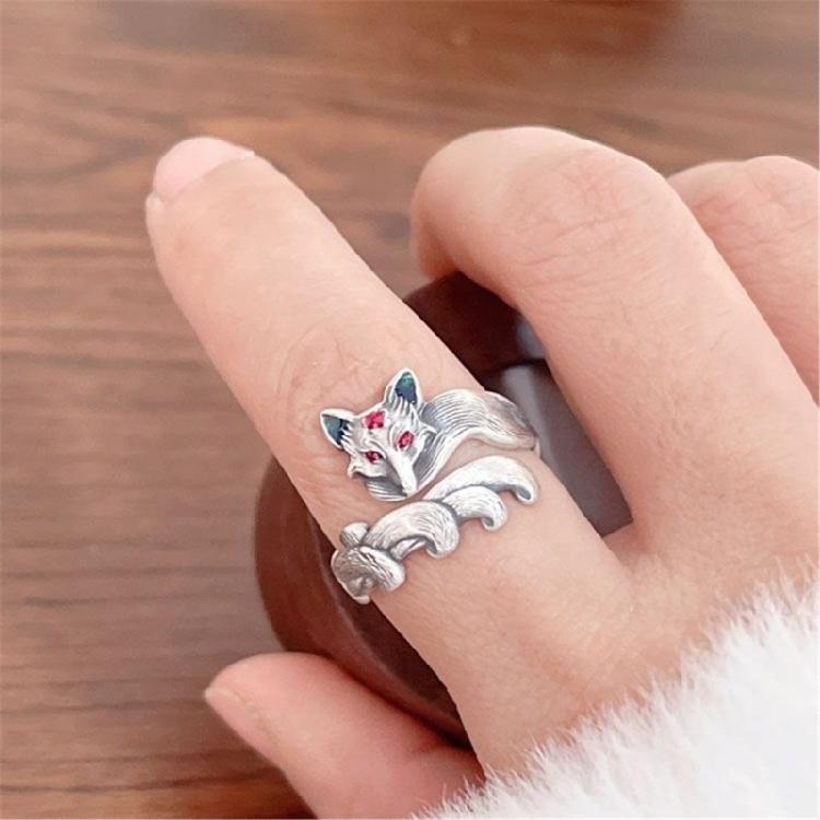 Handcrafted Nine Tail Foxes Peach Ring Open Adjustable Band Allergy resistant Alloy Jewelry Antique Style Foxes Ring