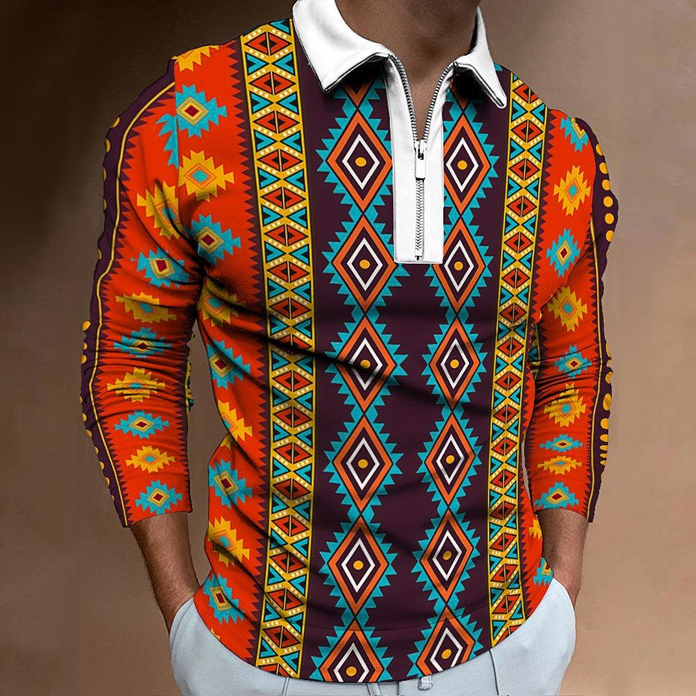 Men's Polo Shirt Digital Printing Men's Sweatshirt T-shirt Men's Autumn and Winter New Ethnic Style T-shirt Tops Men's Lapel Shirt