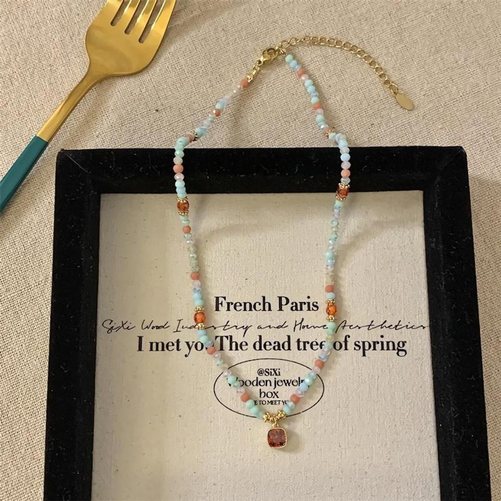 Women's Summer Ruby Crystal Blue Bead Necklace