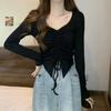 Sexy Drawstring Slim Base Shirt T-shirt for Women with Waist Slim and Pure Versatile V-neck Tops with Small Design