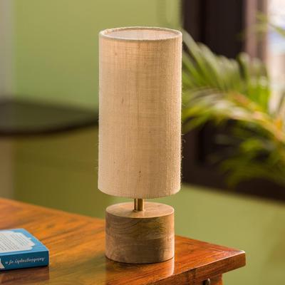 Drevená stolová lampa Volta Mango do spálne (14 palcový, Ľan a Drevo, Bez žiarovky, Balenie 1 ks) | Stolová lampa CFL/LED
