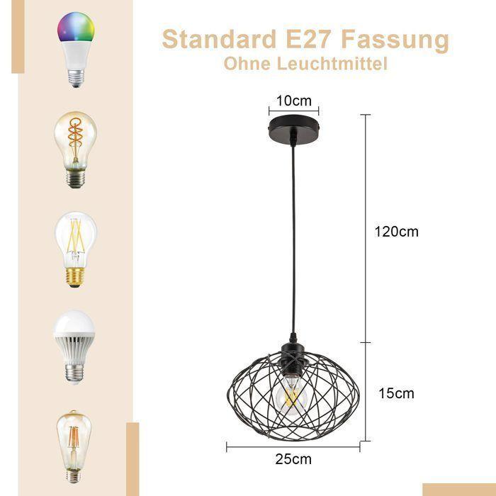 Lampe suspendue - NETTLIFE - E27 - Noir - Métal - Diam.25cm Hauteur18cm