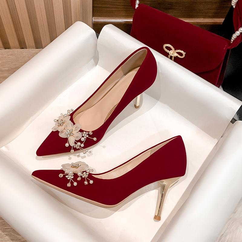 Red Pointed Shallow Mouth High Heels  Suede Women's Stiletto Heel Bridal Shoes Soft Comfort Solid Pearl Wedding Single Shoes