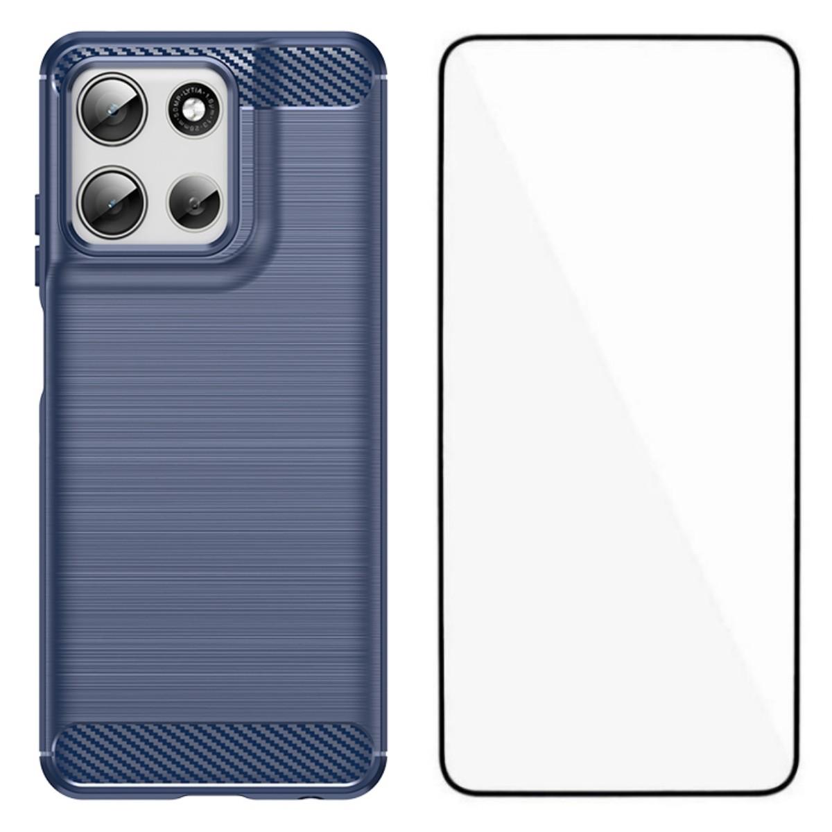 

For Motorola Moto G56 5G Case with Screen Film WANLONFENG LS Series Big Lens Hole Brushed Texture TPU Phone Cover Blue