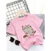 Kids Crewneck Short Sleeve T-Shirt, Cute Cat Dessert Drink Graphic