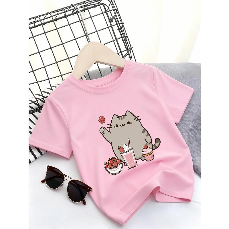 Kids Crewneck Short Sleeve T-Shirt, Cute Cat Dessert Drink Graphic