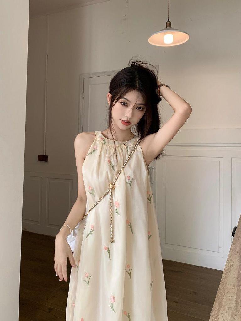 Elegant French Halter Neck Floral Embroidered Midi Dress