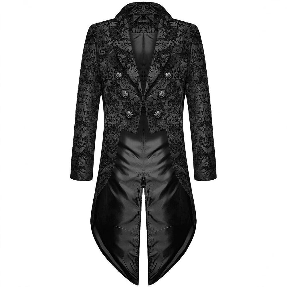 Devil Fashion Mens Gothic Steampunk Tailcoat Jacket Black Brocade Damask Wedding