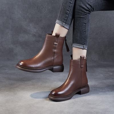 Leather Women's Shoes 2026 Autumn and Winter New British Retro Rear Zipper Thick Heel Boots Martin Boots Skinny Boots Women's Short Boots