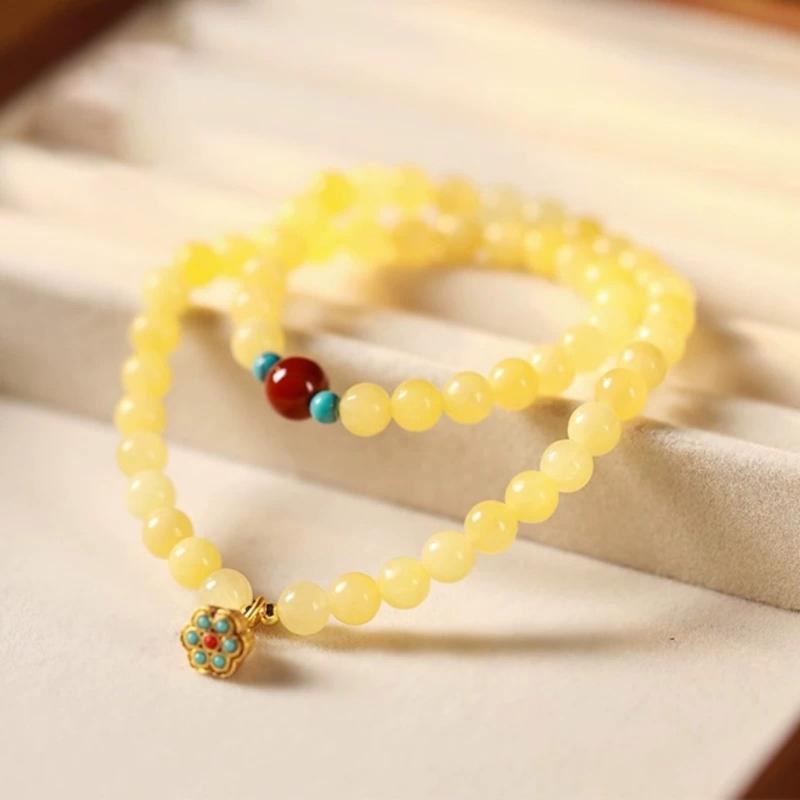 Elegant Yellow Jades Flower Pendant Bracelet Artisanal Crafted Jewelry Retro Style Symbolizing Happiness And Harmonies
