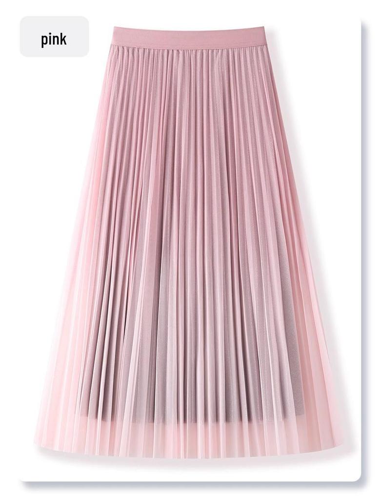 Women's Gradient Mesh Pleated Midi Skirt - 2025 Spring Collection, High Waist A-line with Slimming Drapes