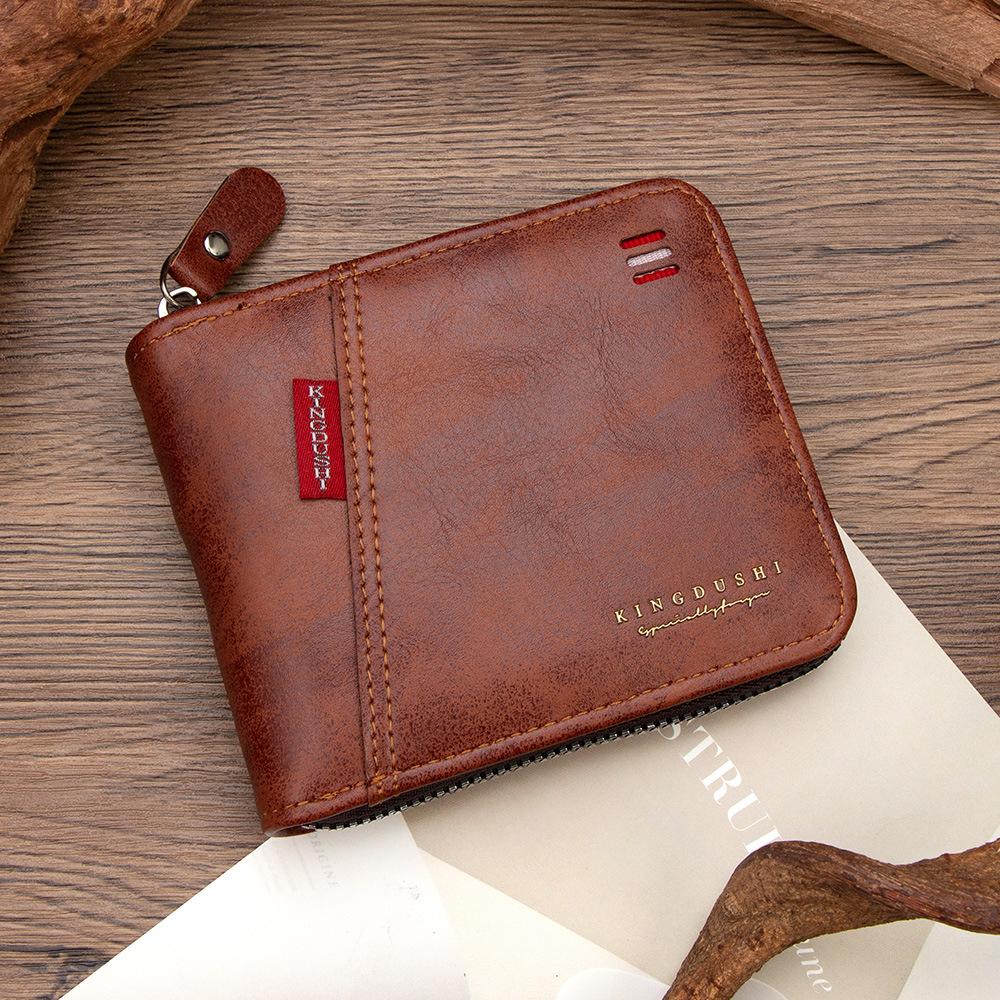 Schoolbag New Oil Wax Leather Splicing Men's Short Chain Wallet Multi-card Position Hinge Change Bag Card Storage Zipper Bag