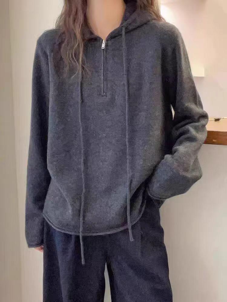 Women's Korean Style Half-Zip Hooded Wool Sweater - Slim Fit, Long Sleeve for Autumn & Winter