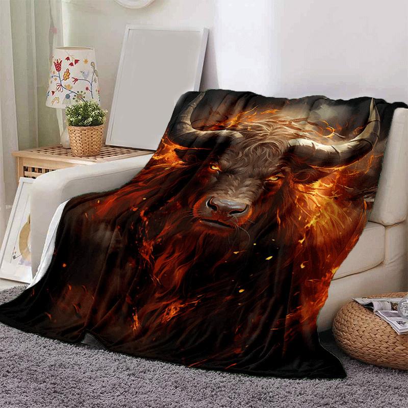 1pc Ox Printing Lightweight Flannel Blanket, Comfortable and Warm Blanket, for Camping Sofa Bed and Couch Office, Suitable for Gift Blankets