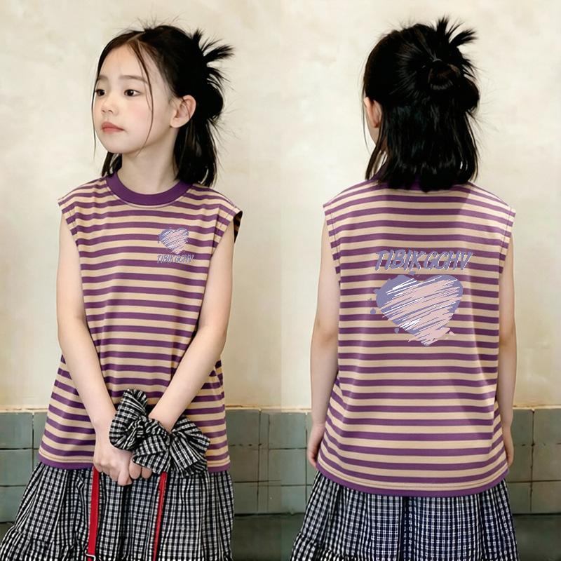 Girls' Striped Letter Print Sleeveless T-shirt - 2026 Summer Collection, Color Block, Loose Fit for Medium & Large Children
