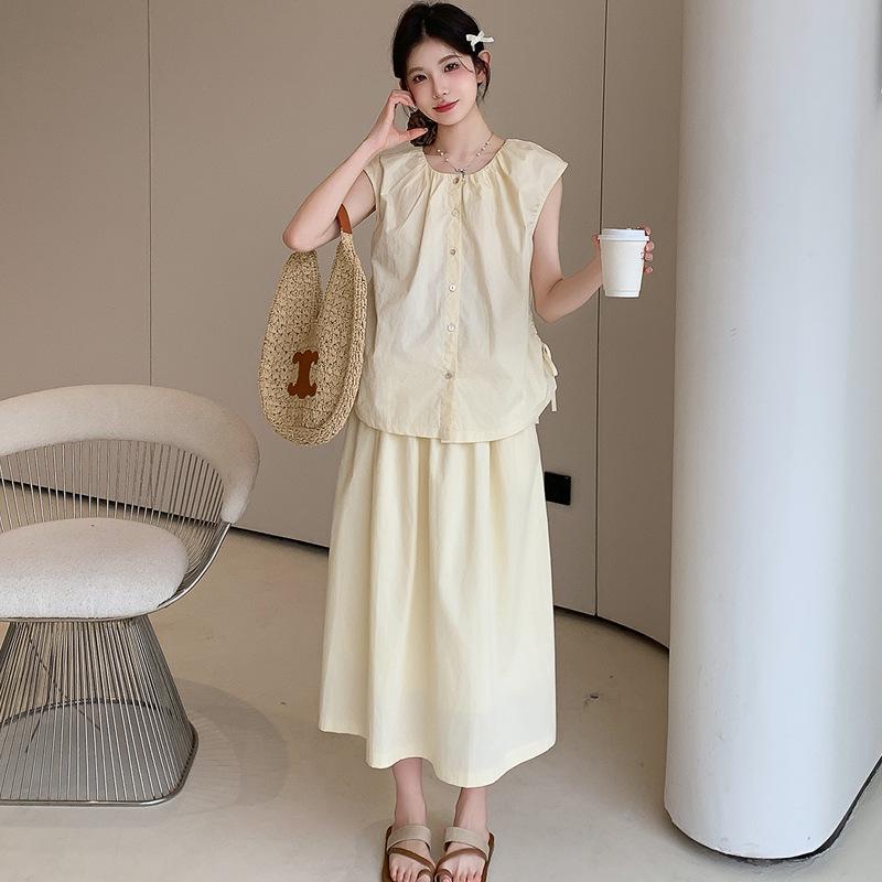 French Style Maternity Summer Two-Piece Set - Vest Top & Loose Skirt XL