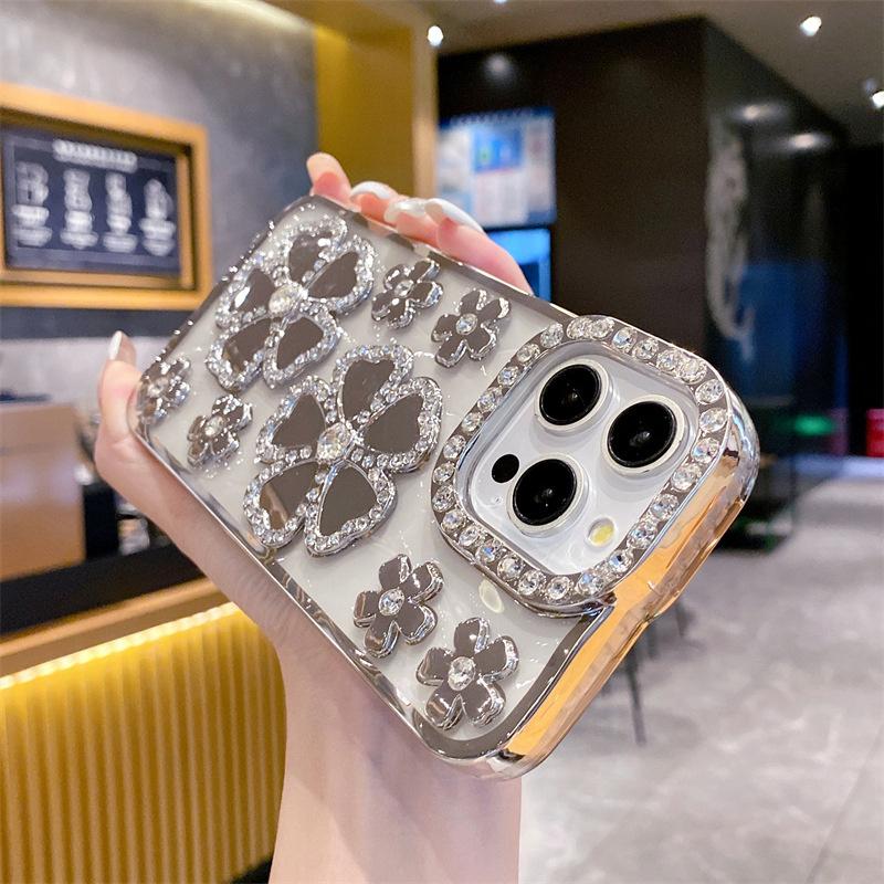 

Чехол для iPhone 14 Pro Max с цветочным декором из страз и блестками из ТПУ Silver